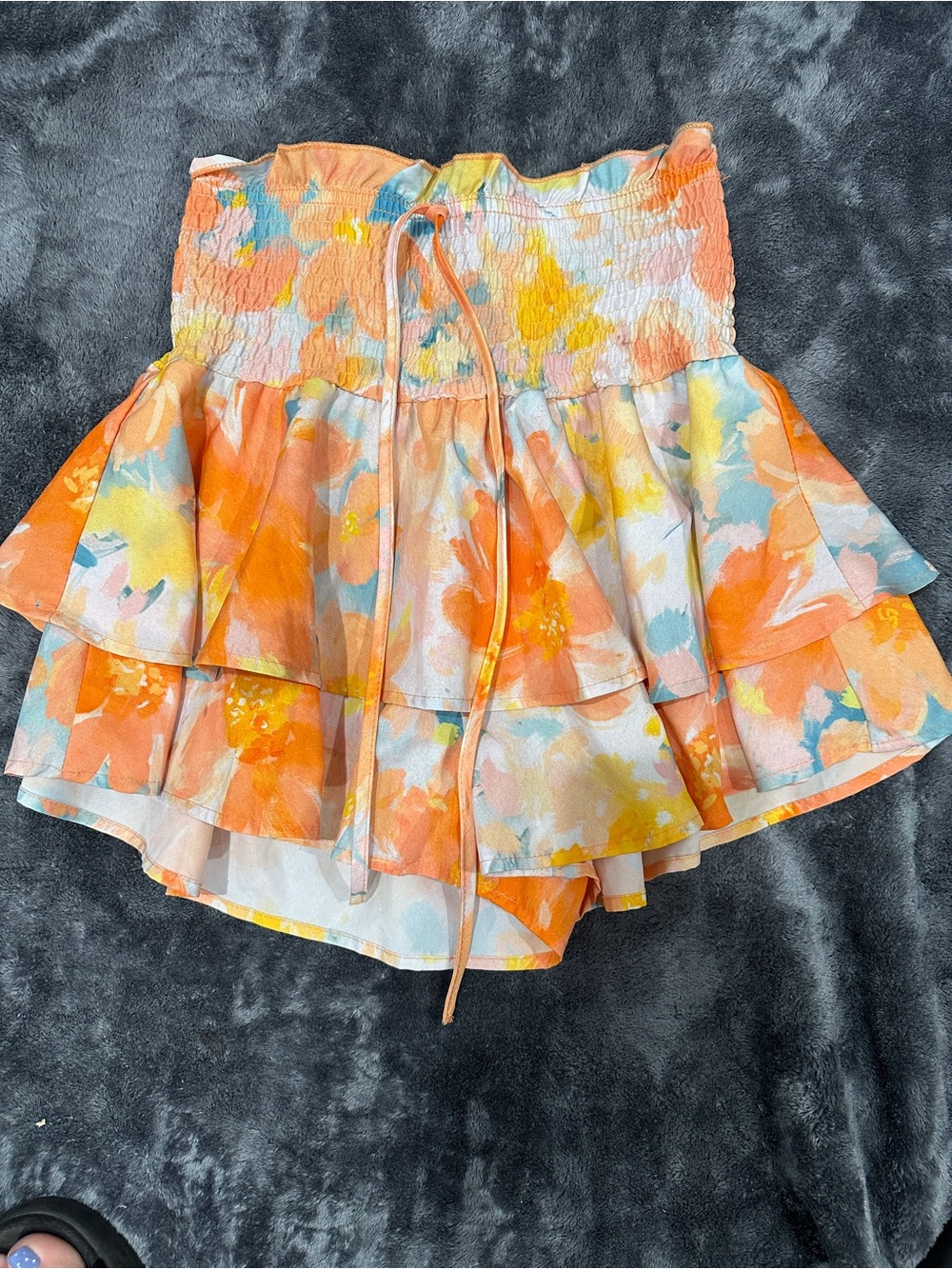 SHEIN Orange Multi Floral Tiered Smocked Skater Skirt